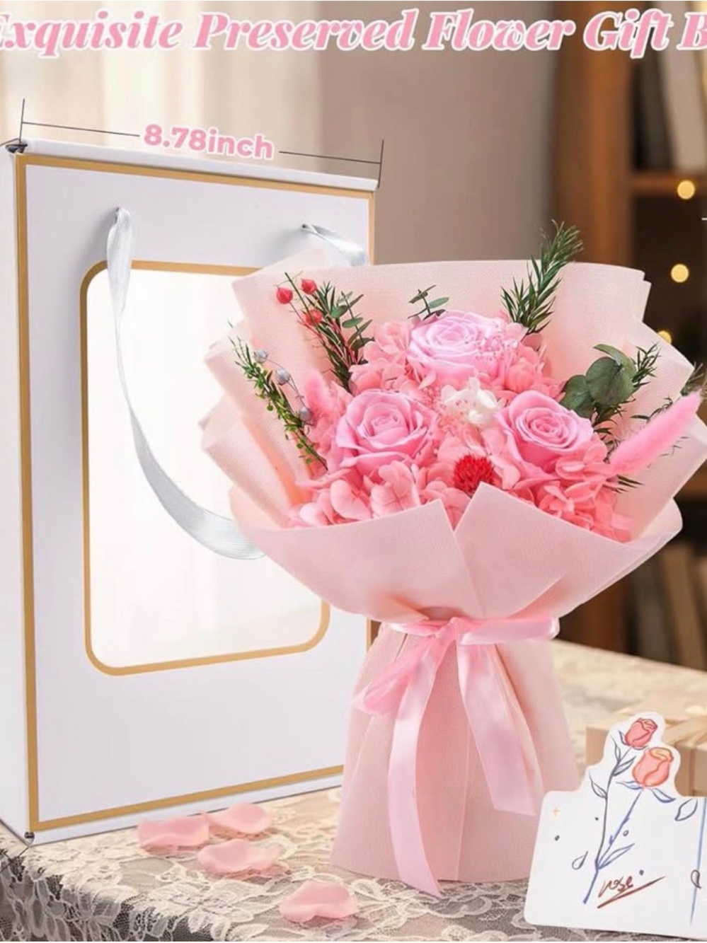 Preserved Pink Rose Bouquet- Lasts 3-5 years, Luxury Gift Box - Picture 7 of 7